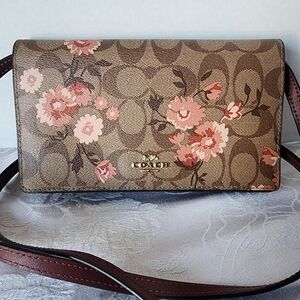Coach Floral Signature Crossbody Bag in Brown and Pink